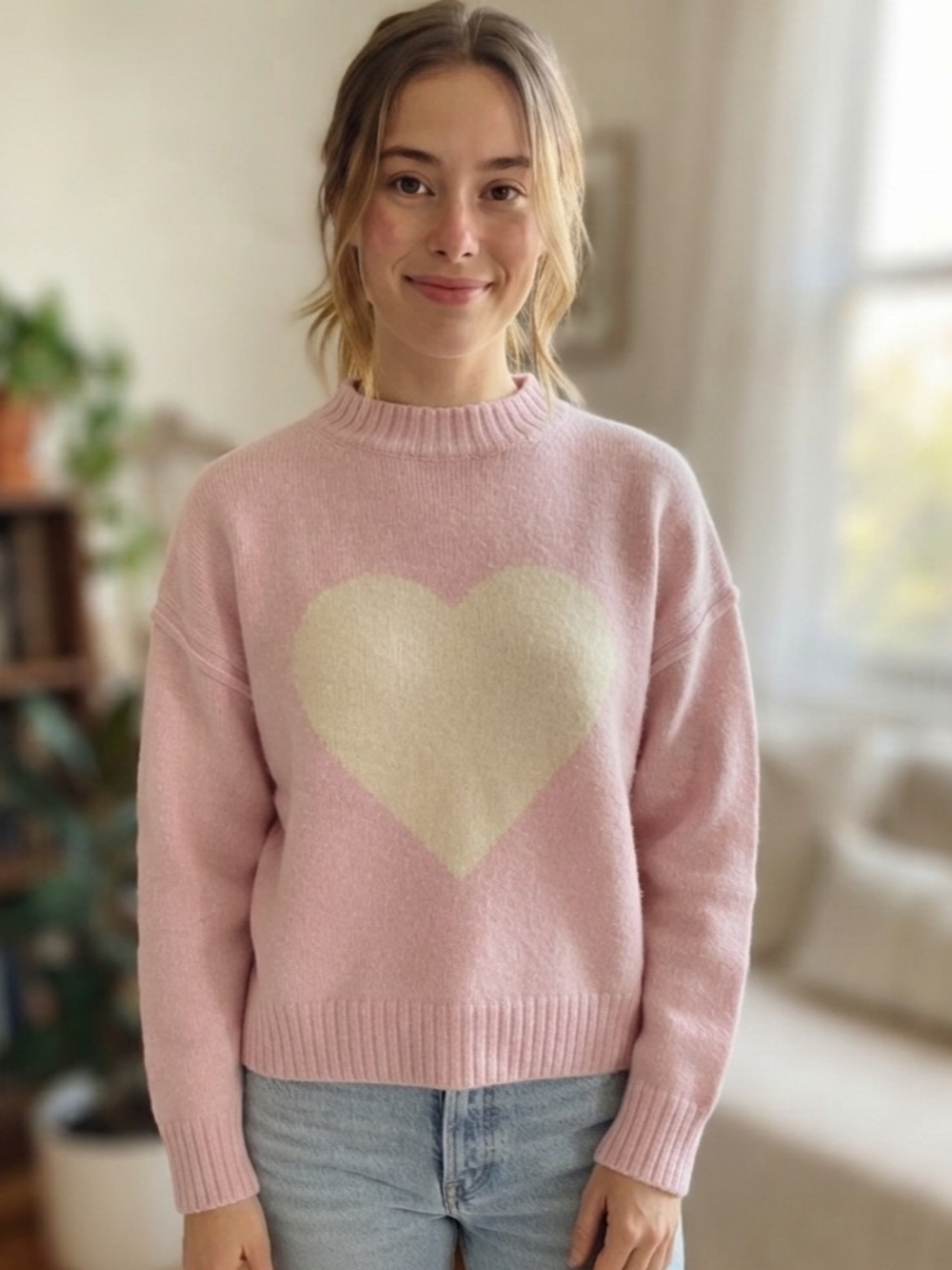 American Eagle Outfitters Pink Crewneck Sweater with Cream Heart Size Small